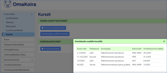 Omakoiran kurssi-ilmoittautuminen